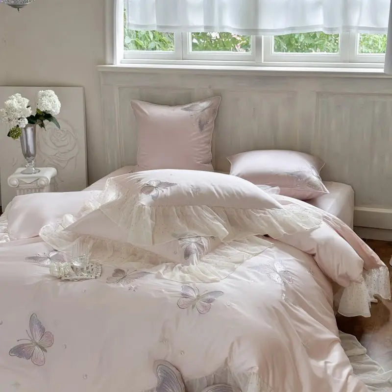 Afralia™ Butterfly Lace Ruffles Embroidery Bedding Set 4Pcs