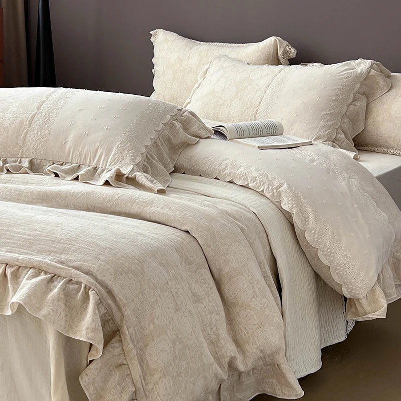 Afralia™ Linen Vintage Jacquard Lace Ruffles Bedding Set: Duvet Cover, Sheet, Pillowcases