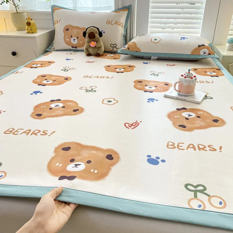 Afralia™ Summer Cartoon Printed Silky Bed Mat Set - Soft Skin-Friendly Cushion Mattresses