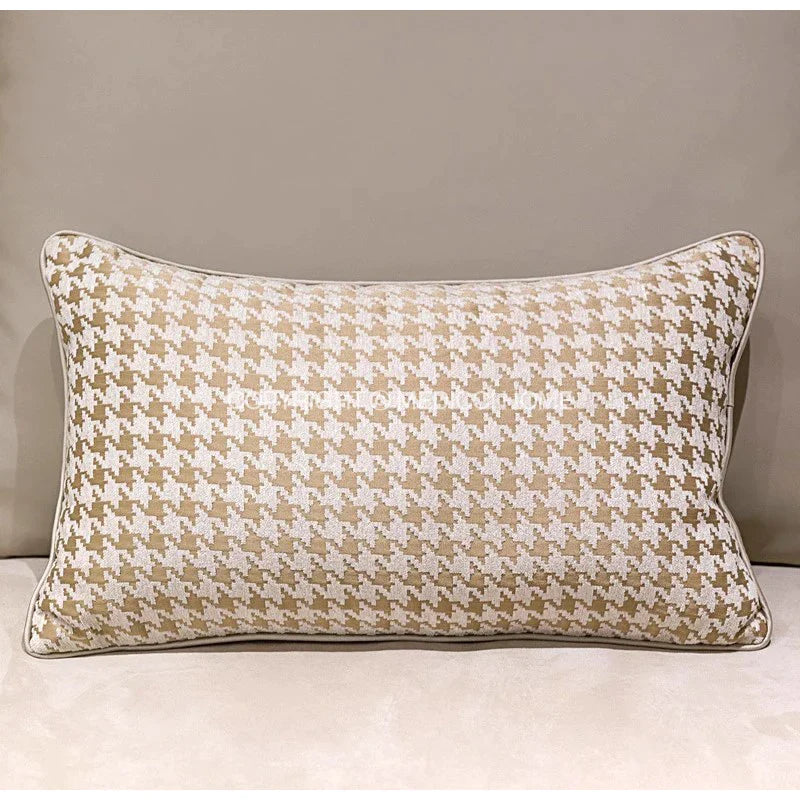 Afralia™ Beige Gold Houndstooth Jacquard Lumbar Pillowcase for Modern Interiors