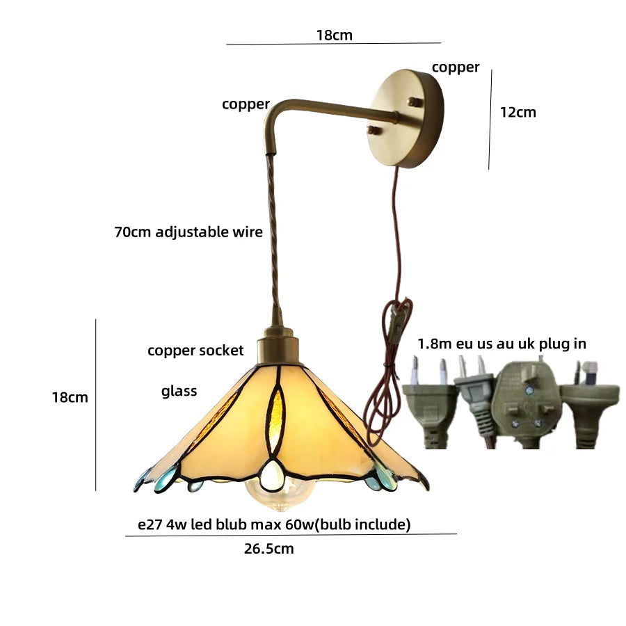 Afralia™ Tiffany Glass Adjustable LED Wall Sconce with Pull Chain Switch
