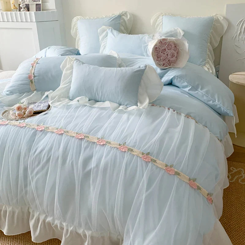 Afralia™ Pink French Princess Lace Ruffles Bedding Set with Pillowcases & Bed Sheet