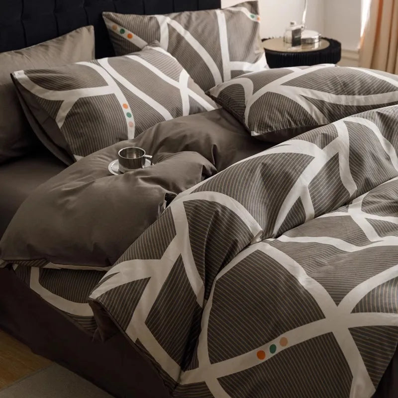 Afralia™ Pure Cotton Striped Bedding Set Duvet Cover Fitted Sheet Kit for Single/Double