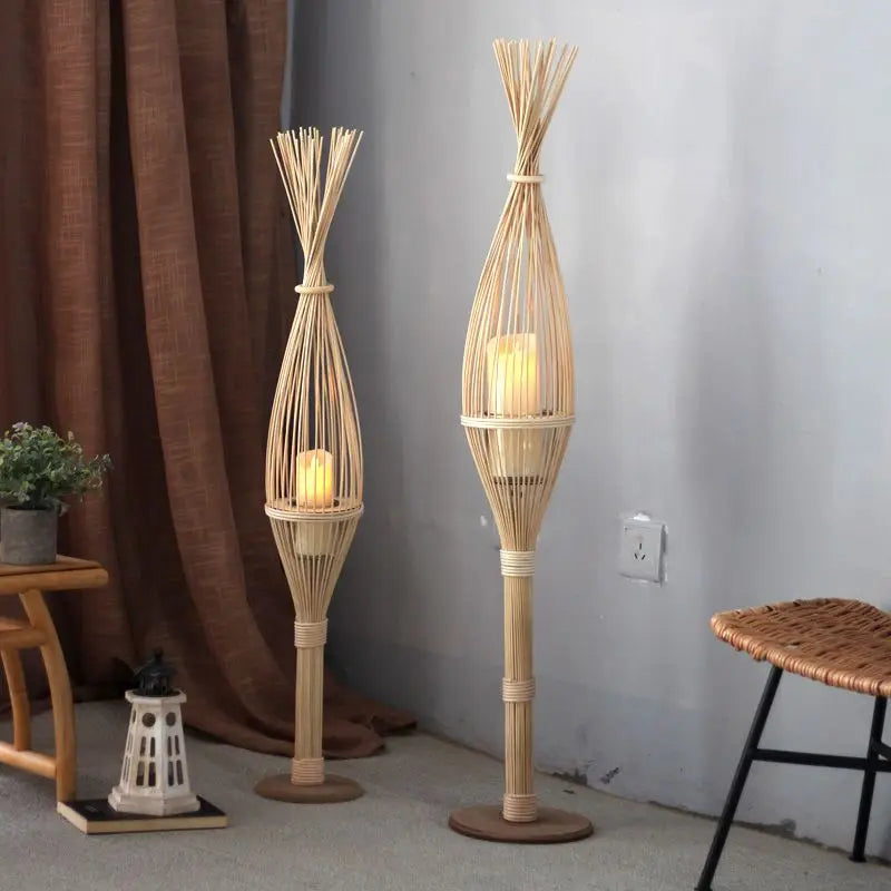 Afralia™ Rattan Bamboo Weaving Floor-to-Ceiling Wind Lamp Candlestick Tea Room Hotel Decoration