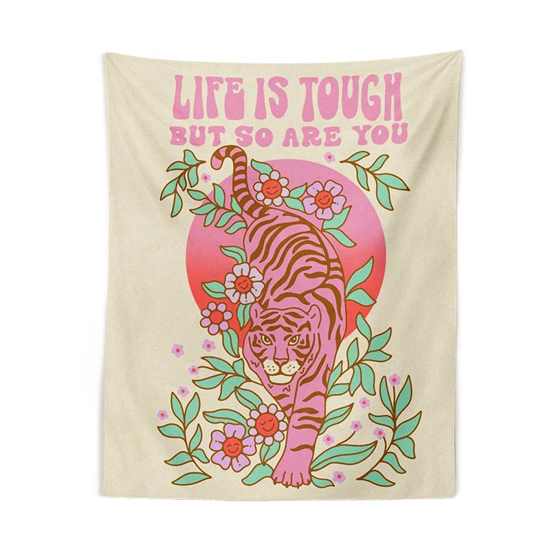 Afralia™ Tiger Moon Pink Flower Tapestry, Boho Wall Hanging for Aesthetic Home Decor