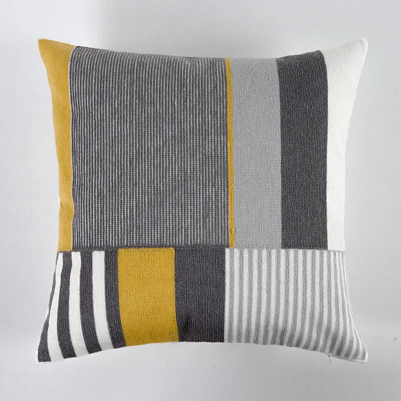 Afralia™ Geometric Canvas Cotton Cushion Cover - Yellow Grey/White Embroidery Square Pillow Cover