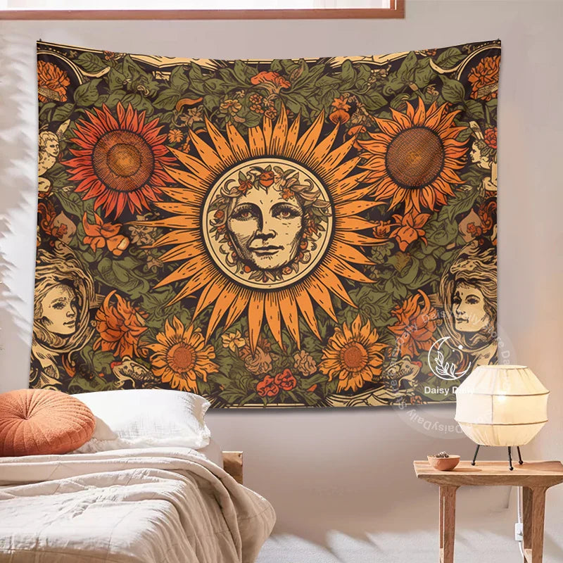 Sunflower Tapestry Wall Hanging Retro Bohemian Floral Decor Cloth by Afralia™