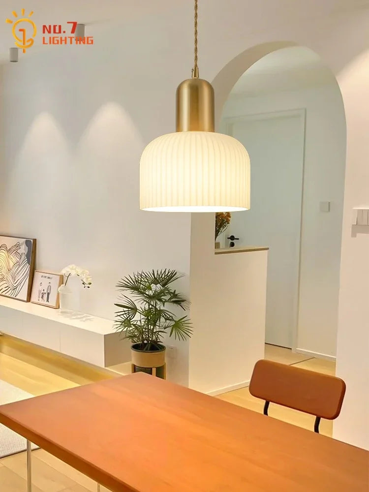 Cream Glass Copper Pendant Light LED E27 Modern Fixture for Bedroom, Living Room, Cafe by Afralia™