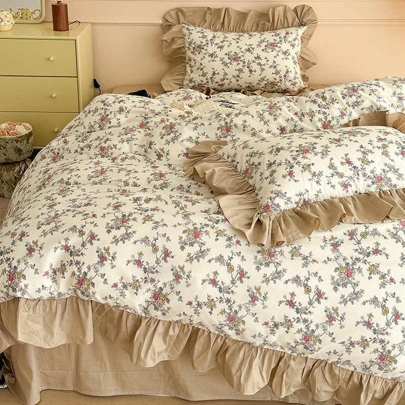 Afralia™ French Floral Cotton Bedding Set with Big Lace Ruffles, Fresh Flowers