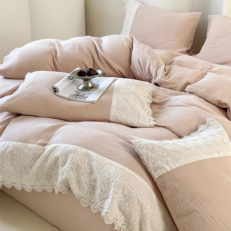 Afralia™ French Lace Cotton Bedding Set: Duvet, Sheet, Pillowcases, 4Pc