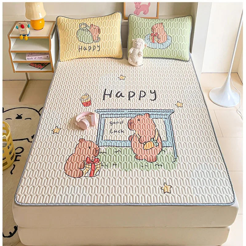 Afralia™ Cartoon Pattern Latex Mattress Set for Home, 3-Layer Rebound Soft Breathable Bed Sheets