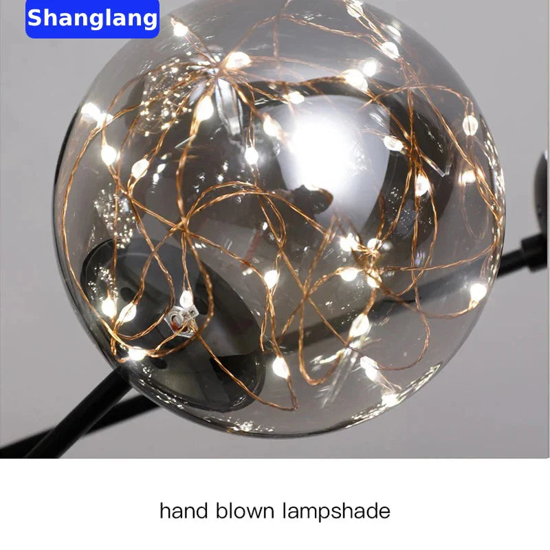 Afralia™ Black Glass Ball LED Chandelier for Living Room, Bedroom - Dimmable Nordic Luxury Fixture