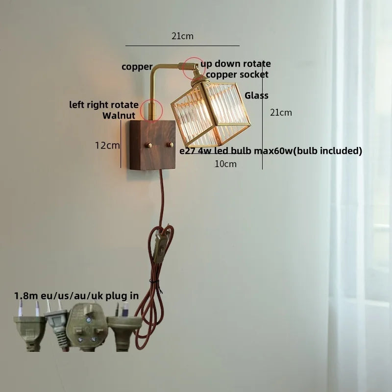 Afralia™ Walnut LED Wall Lights Pull Chain Switch Bedside Lamp Vintage Cube Glass Stair Light