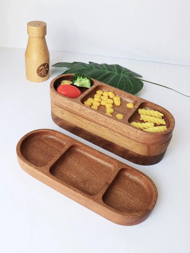 Afralia™ Acacia Wood Oval Three-Compartment Japanese Dip Plate | Breakfast Dip Plate