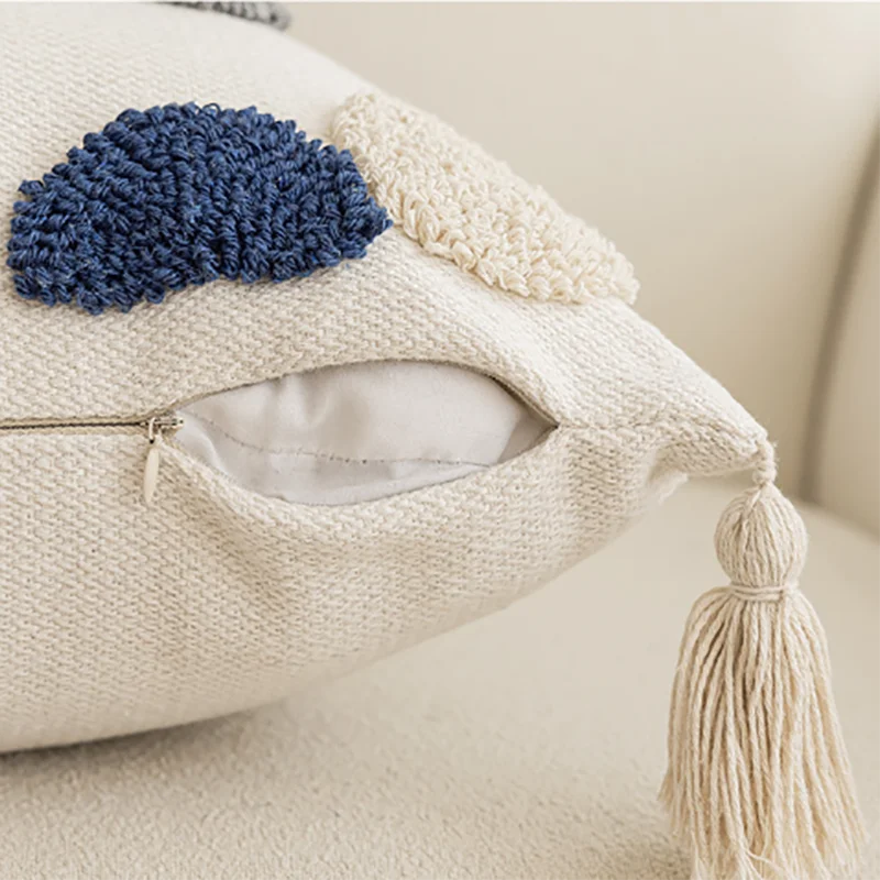 Nordic Blue Tufted Cushion Cover with Geometric Stripe Grid & Crochet Tassels by Afralia™