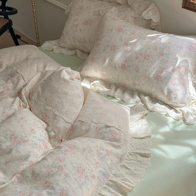 Afralia™ Elegant Floral Lace Ruffles Bedding Set with Double Yarn - Soft Cotton Blend