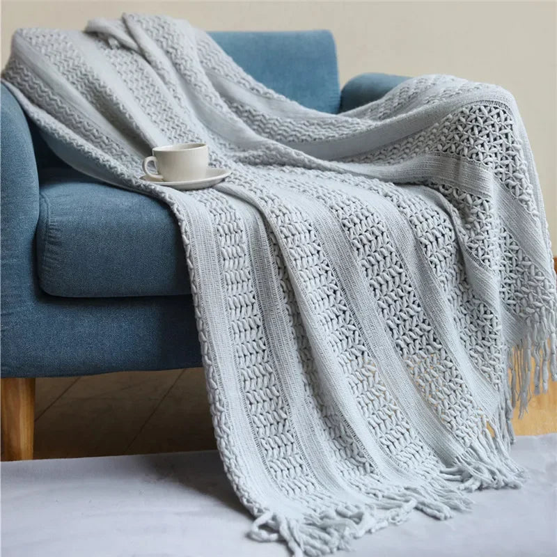 Afralia™ Nordic Knitted Sofa Blanket with Tassels - Solid Color Siesta Shawl Blanket