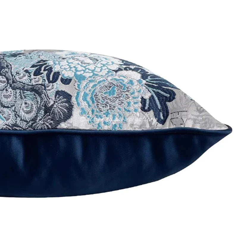 Afralia™ Chinoiserie Blue Peony Floral Jacquard Cushion Cover - Oriental Art Decor for Sofa