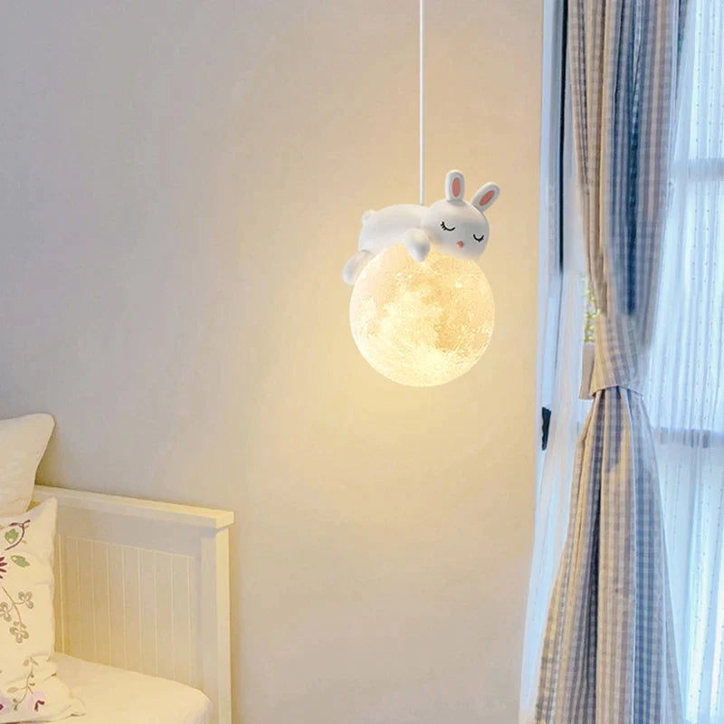 Afralia™ Moon Rabbit Pendant Lamp for Children's Room Bedside, 3D Printing, White Lampshade