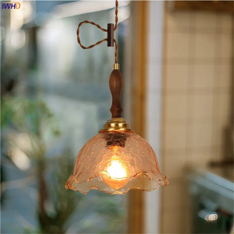 Afralia™ Cracked Glass Copper Wooden Pendant Light for Home Indoor Living Room
