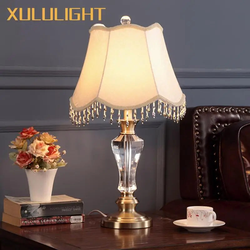 Afralia™ Crystal Table Lamp with Fabric Lampshade - Luxury Bedroom Lighting