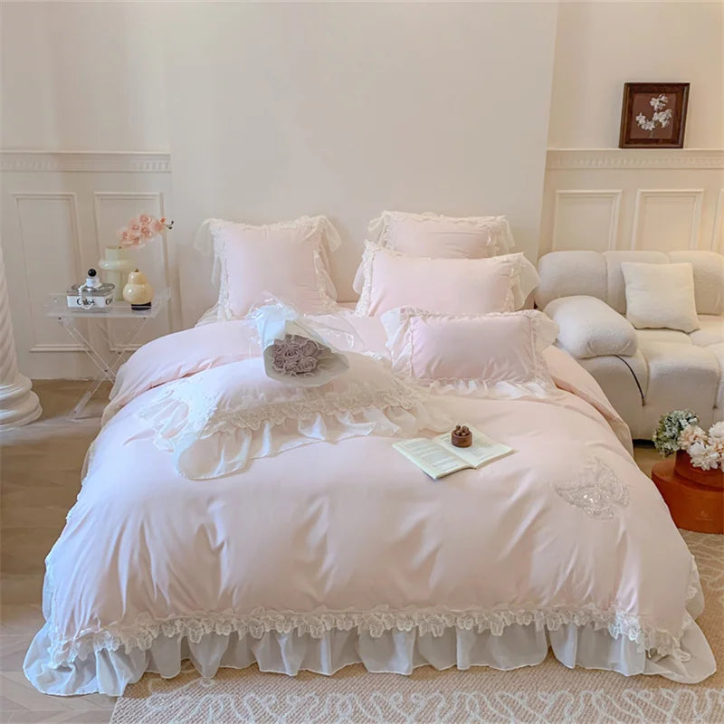 Afralia™ Pink Lace Butterfly Embroidery Bedding Set 4Pcs, Princess Wedding Theme