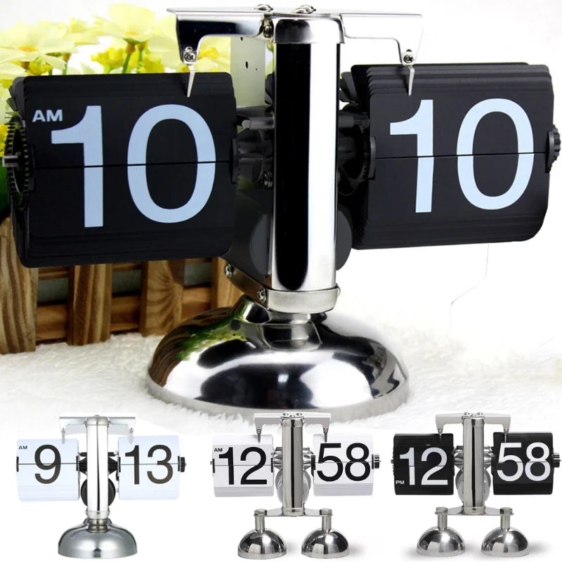 Afralia™ Retro Flip Digital Table Clock Stainless Steel Gear Operated Quartz Home Decor