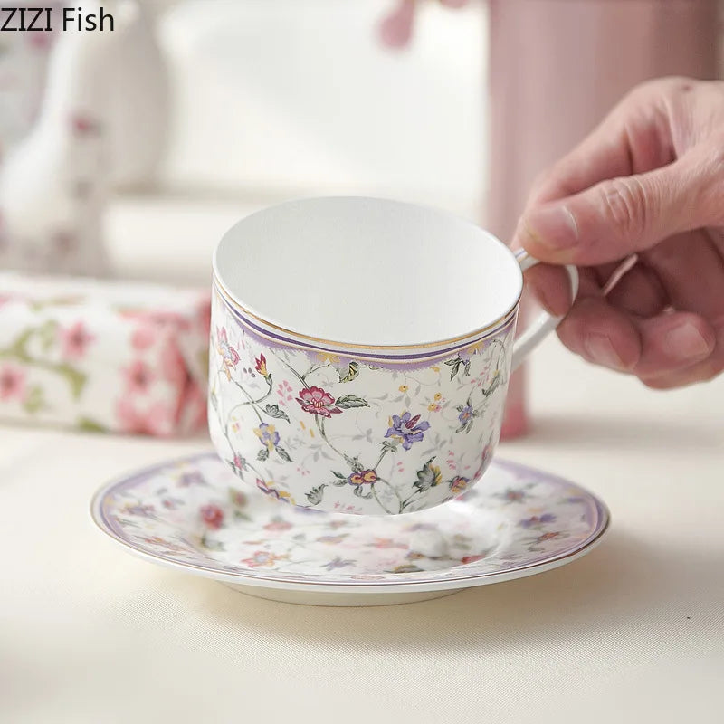 Afralia™ Rural Flowers Ceramic Cup & Saucer Set for Dining Table and Coffee, Classical Design
