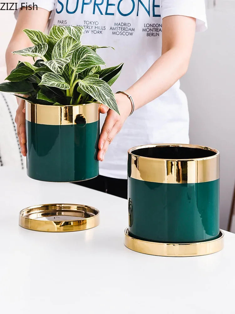 Afralia™ Luxury Emerald Ceramic Flowerpot with Gilded Border for Home and Office Decor