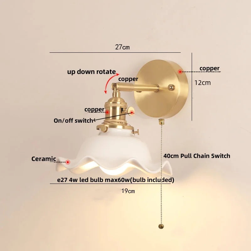 Afralia™ Nordic Ceramic Wood Wall Sconce LED Lamp Adjustable Modern Bedroom Light