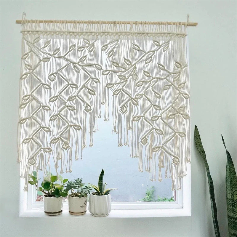 Afralia™ Macrame Leaf Pattern Curtain Tapestry Wall Hanging for Boho Room Decor