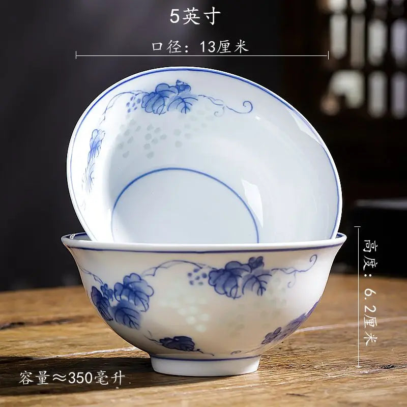 Afralia™ Chinese Blue and White Porcelain Vegetable Plates and Rice Soup Bowls - Set of 2