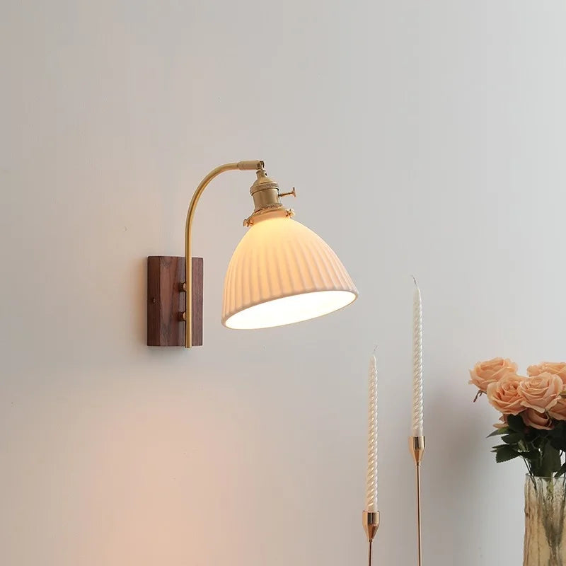 Afralia™ Ceramic Walnut LED Wall Lights Modern Bedside Lamp - Knob Switch