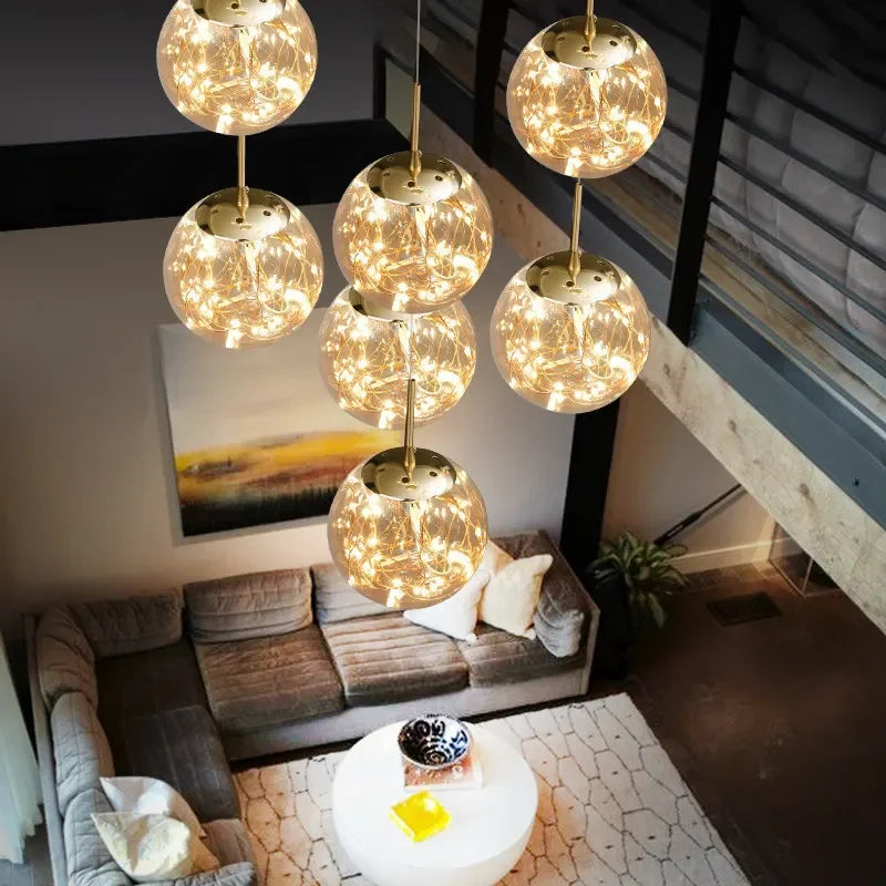 Afralia™ Spiral Staircase Chandelier Crystal Ball Pendant Light for Modern Living Room