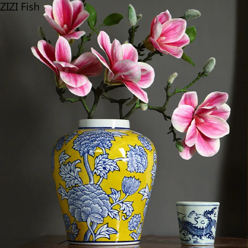 Afralia™ Pomegranate Pattern Blue White Porcelain Vase Flower Pot Room Decor