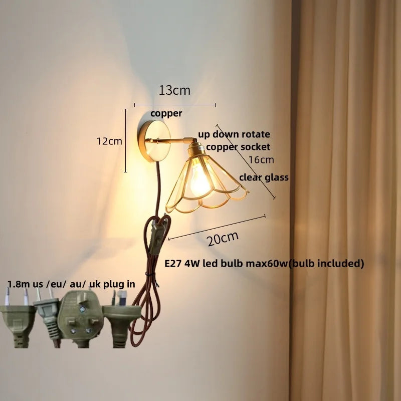 Afralia™ Copper LED Wall Lights Clear Glass Switch Bedside Lamp Nordic Modern