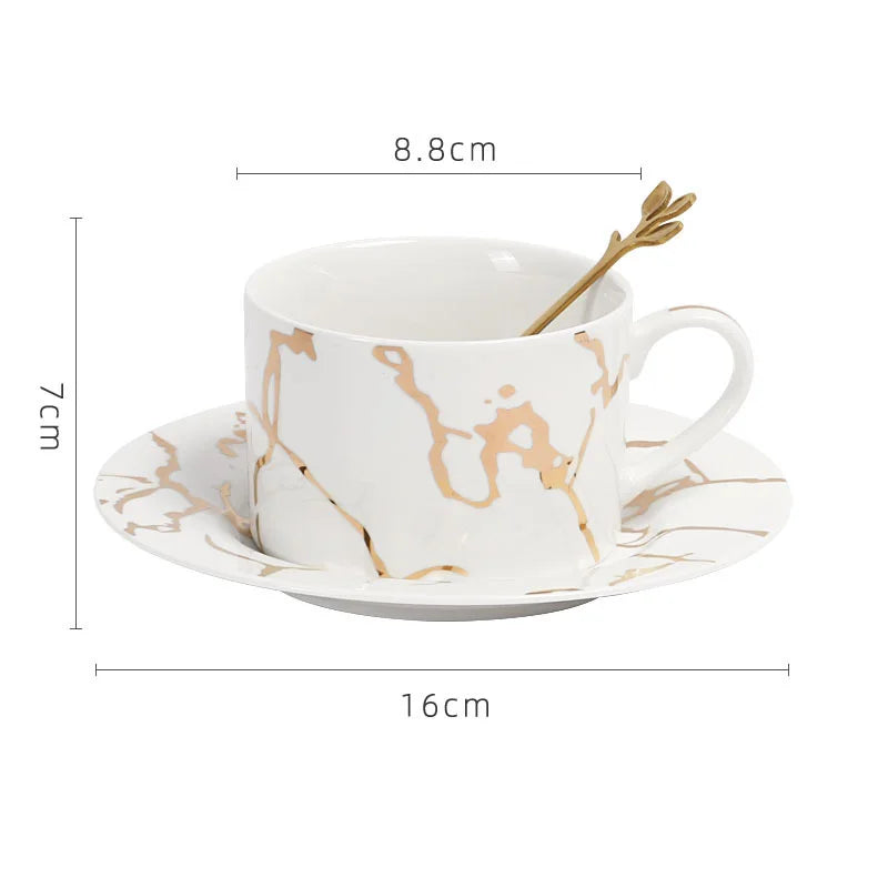 Afralia™ Gilded Marble Texture Ceramic Cup & Saucer Set for Dining Table Tea & Coffee