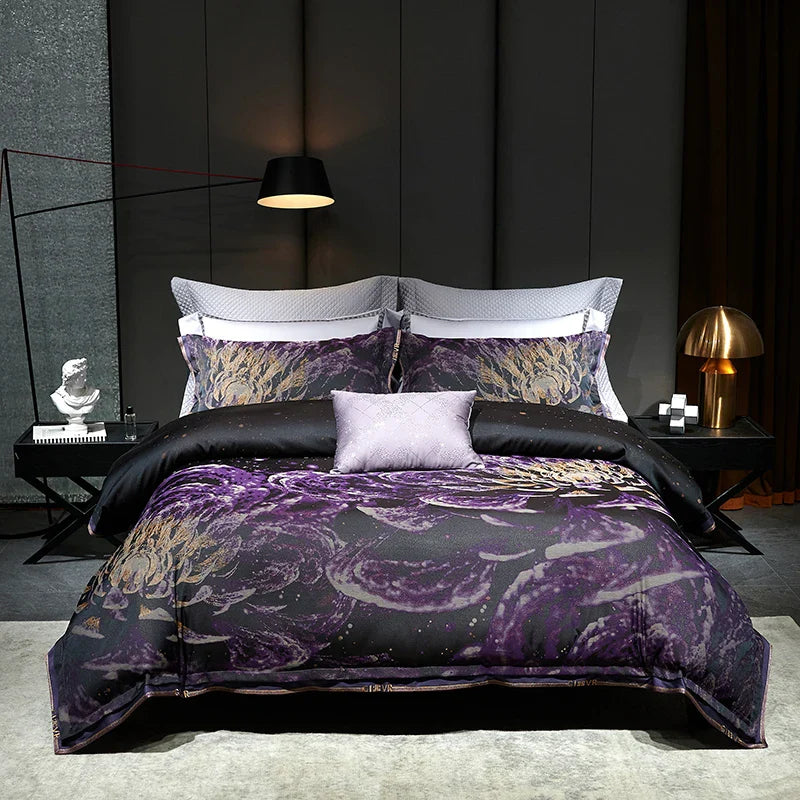 Afralia™ Luxury Purple Egyptian Cotton Jacquard Bedding Set with Duvet Cover, Sheet, Pillowcases