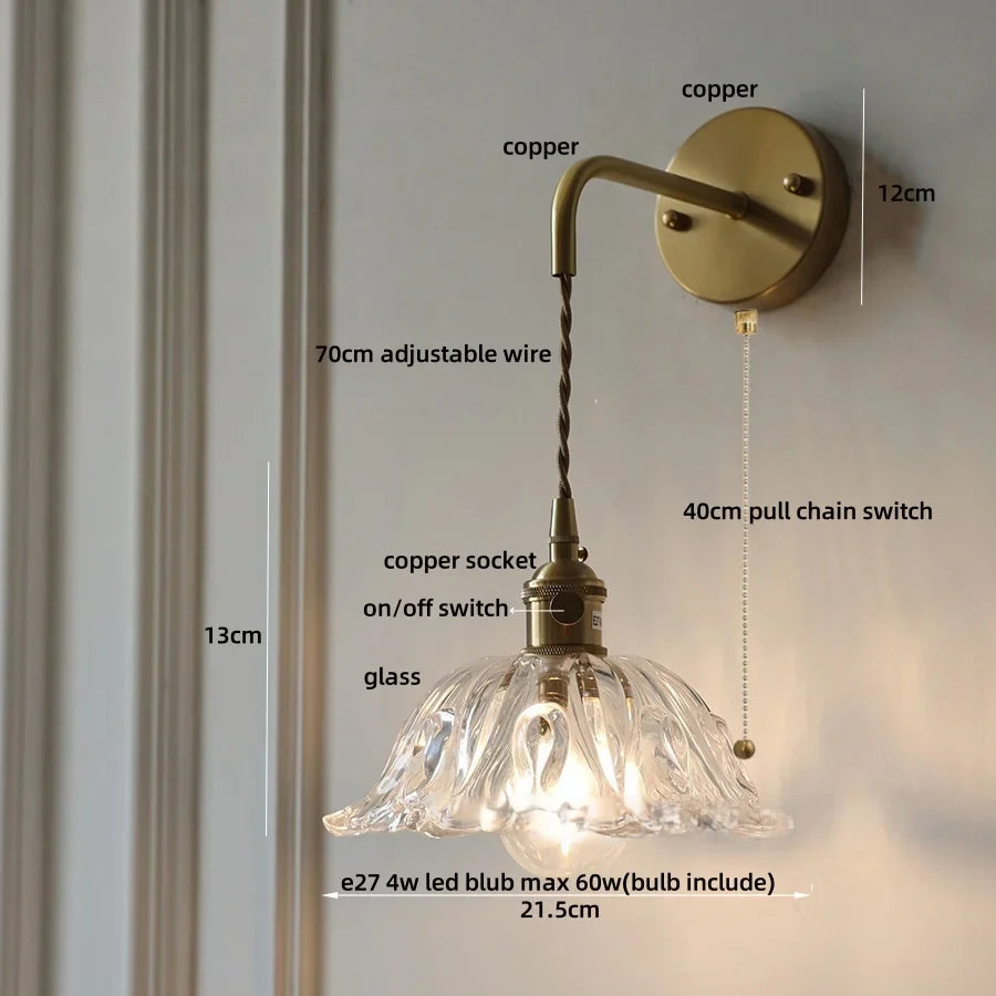 Afralia™ Glass & Copper Green Flower LED Wall Sconce with Pull Chain