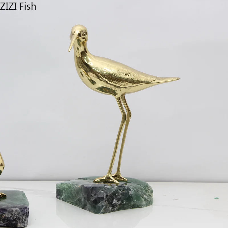 Afralia™ Golden Brass Bird on Marble Base Desk Ornament Statue Artwork Decor