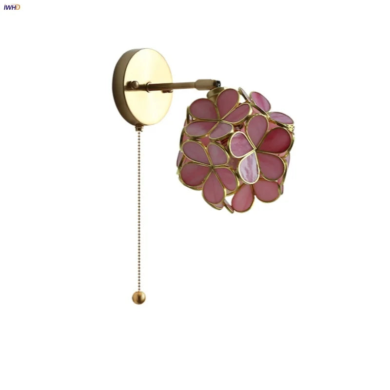 Afralia™ Pink Flower Glass Wall Light Fixture for Bedroom with Pull Chain Switch