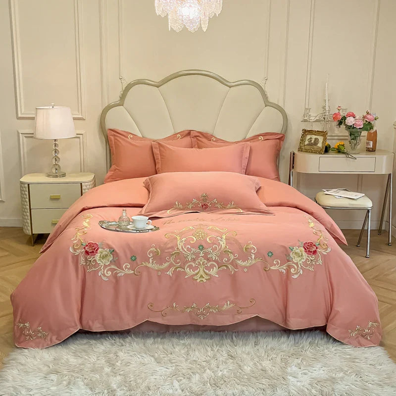 Afralia™ Floral Embroidery Luxury Bed Set - Queen/King Duvet Cover, Sheet, Pillowcases