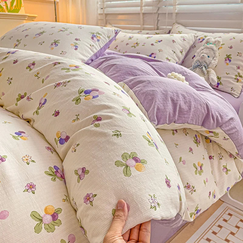 Afralia™ Cotton Flower Printed Comforter Set: Breathable Double-Layer Yarn, Soft Bedding for Girls