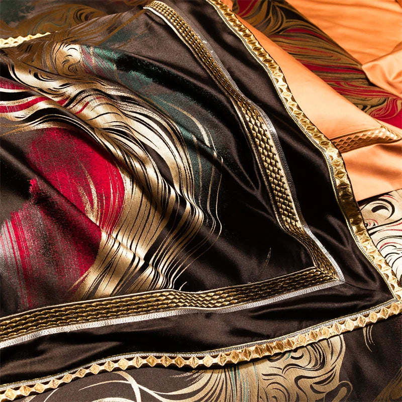 Afralia™ Embroidered Brocade Egyptian Cotton Duvet Cover Set, Black Gold