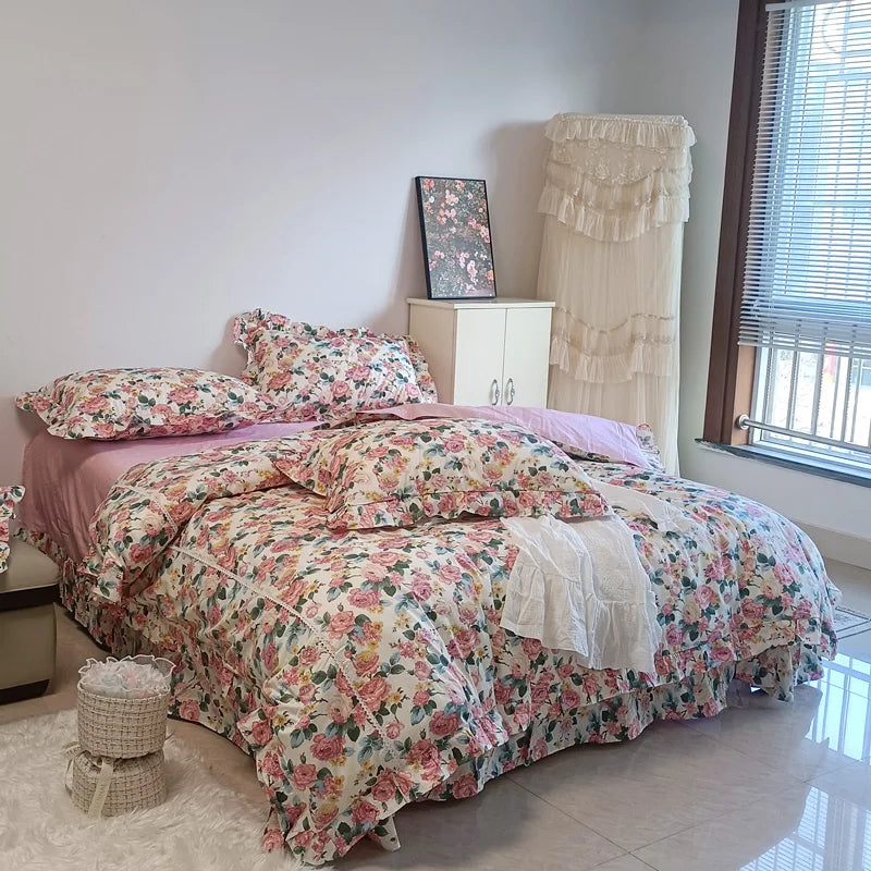 Afralia™ Vintage Rose Flowers Lace Ruffles Cotton Girl Bedding Set - 1 Duvet, 1 Sheet, 2 Pillowcases
