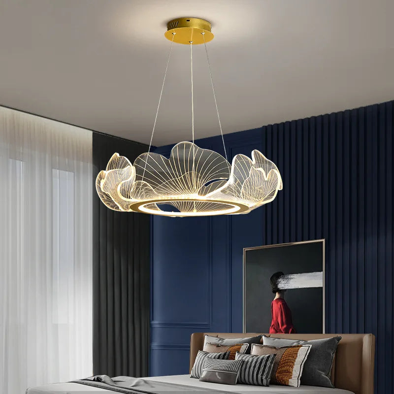 Afralia™ Ginkgo Acrylic LED Pendant Chandelier Light, Gold Metal, Dimmable, Modern Minimalism