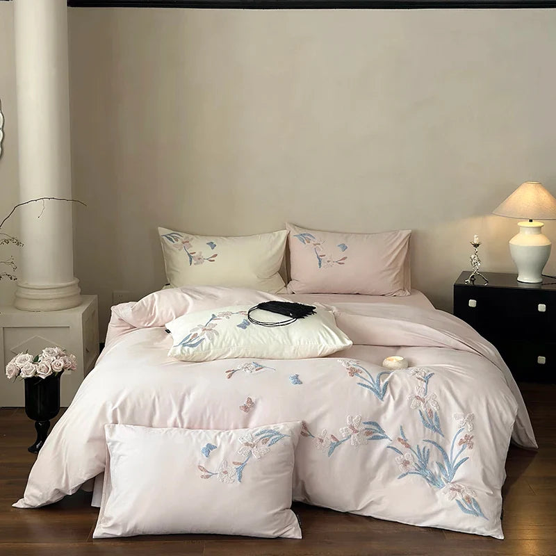 Afralia™ Elegant Flower Embroidery Cotton Bedding Set - Single Queen King Sizes