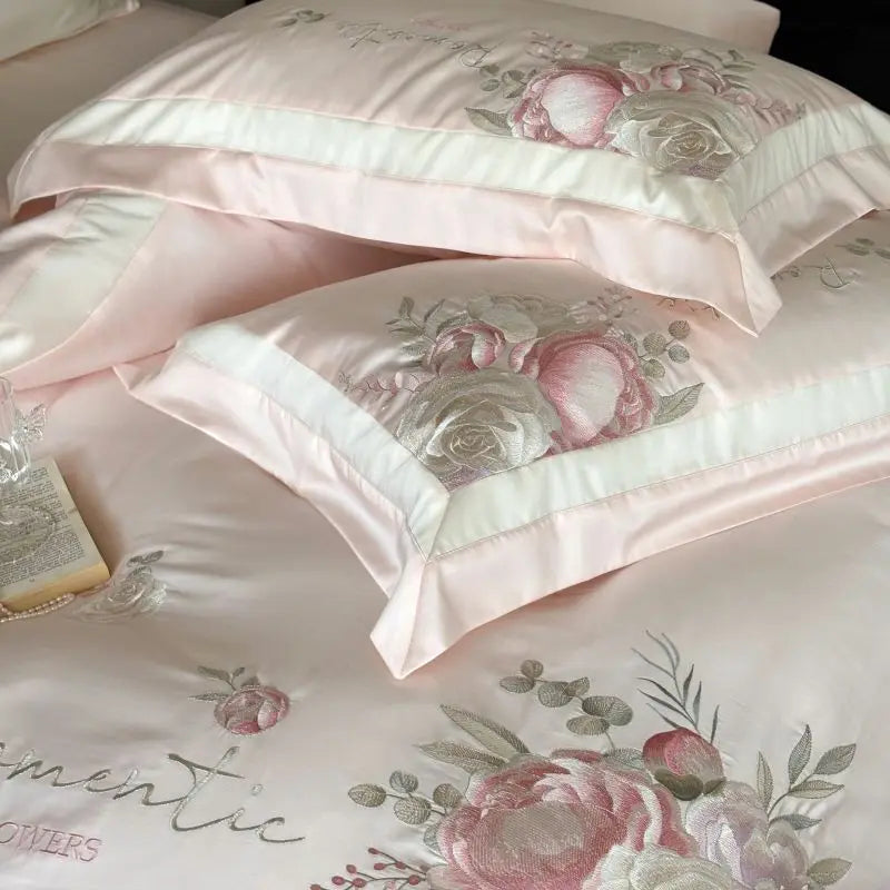 Afralia™ 4-Pc Flowers Embroidery Bedding Set 1000TC Egyptian Cotton Duvet Cover Sheets