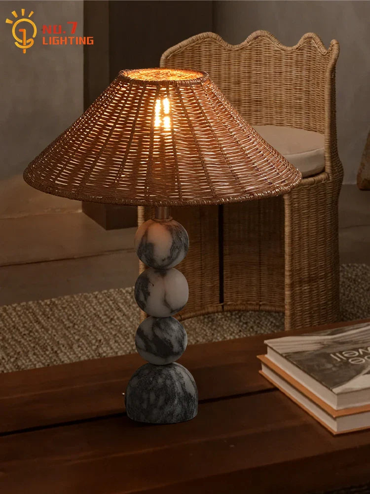 Afralia™ Wabi-Sabi Marble Table Lamp LED Rattan Weaving Desk Light for Home & Hospitality