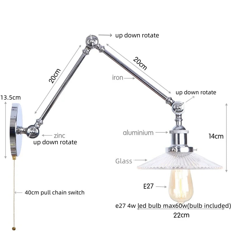 Afralia™ Industrial Loft Swing Arm LED Wall Sconce Glass Vintage Mirror Light